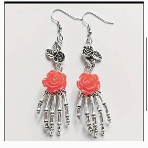 Silver Skeleton Hand & Flower Earrings
